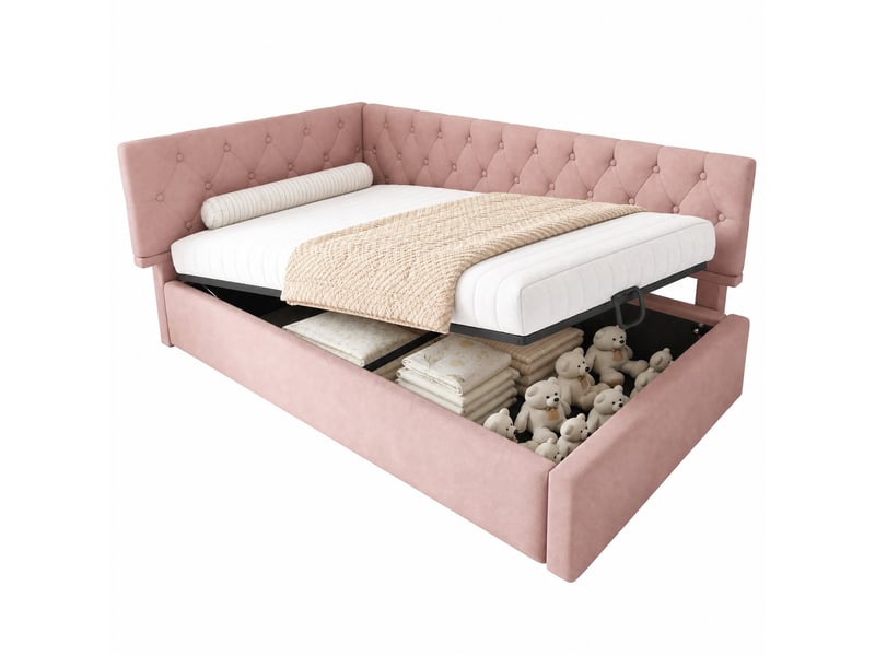  Lit banquette 1 place en velours rose avec coffre hydraulique et dossier réversible, 90x190 cm, sans matelas  - Conforama A