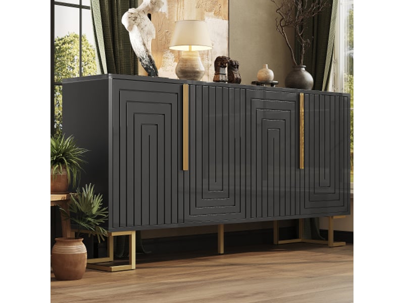  Buffet noir 152×40×75 cm – design géométrique, poignées et pieds dorés, meuble moderne chic  - Conforama E