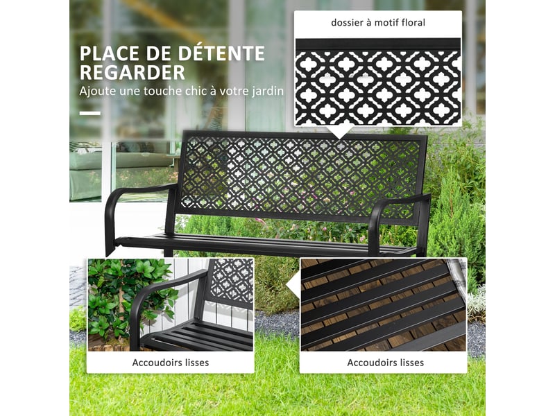 Banc de jardin banc extérieur jardin en acier avec dossier à motif floral pour 2 personnes 127 x 63 x 83 cm noir - Conforama E