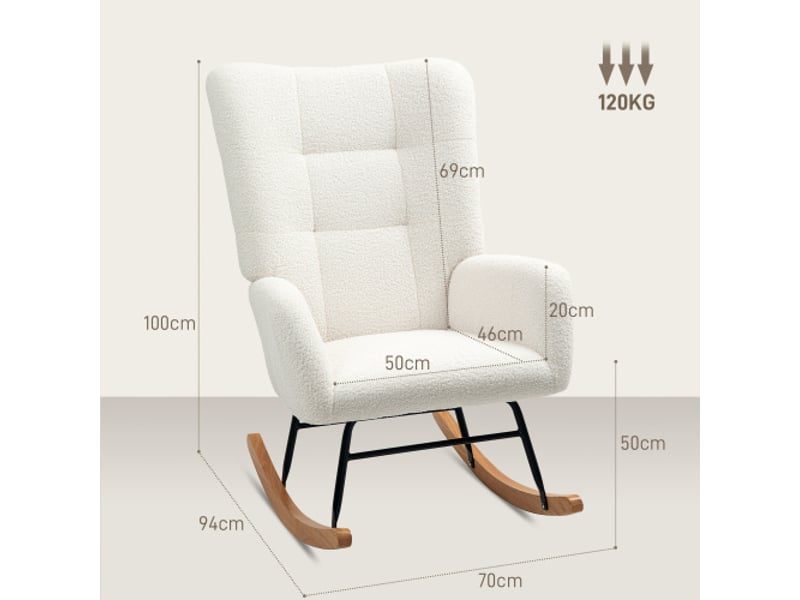  Fauteuil à bascule crème en tissu effet teddy, accoudoirs et patins en bois, relax pour salon et chambre  - Conforama C