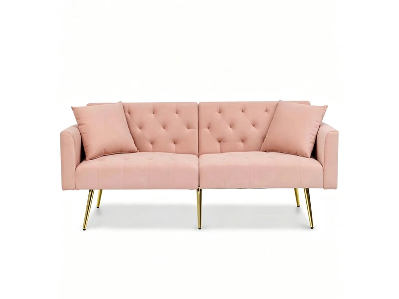 Canapé 2 places en velours rose, dossier réglable 3 positions avec coussins et pieds métal - Conforama A