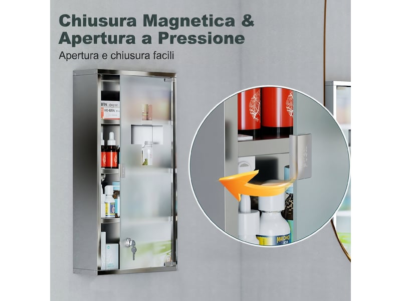  Armoire à pharmacie murale en acier inoxydable, 4 étagères, 2 clés, 30 x 12 x 60 cm  - Conforama R