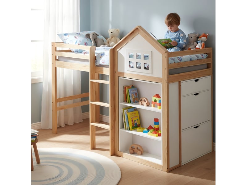 Lit mezzanine enfant 90x200 cm – blanc et naturel – design maison, 3 tiroirs, marches sécurisées et barrières  - Conforama B