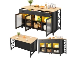 Îlot de cuisine avec 3 tiroirs et 3 portes vitrées, led, pieds réglables, noir, 150x80x90 cm