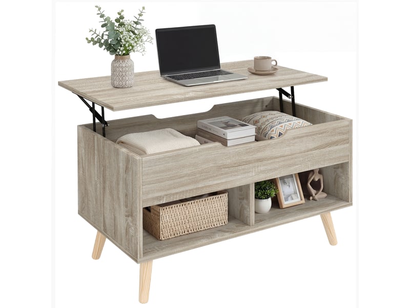  Table basse relevable, table de salon avec compartiment caché et étagères ouvertes, 75 x 40 x 58 cm, bois naturel  - Conforama A