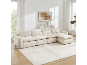 Canapé d'angle en l 4 places sans cadre, canapé modulaire, housse chenille beige, sans montage, 1 pouf pour salon et appartements
