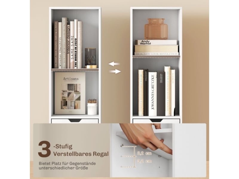  Bibliothèque blanche 6 niveaux, étagères réglables, tiroir et porte, rangement personnalisable  - Conforama E