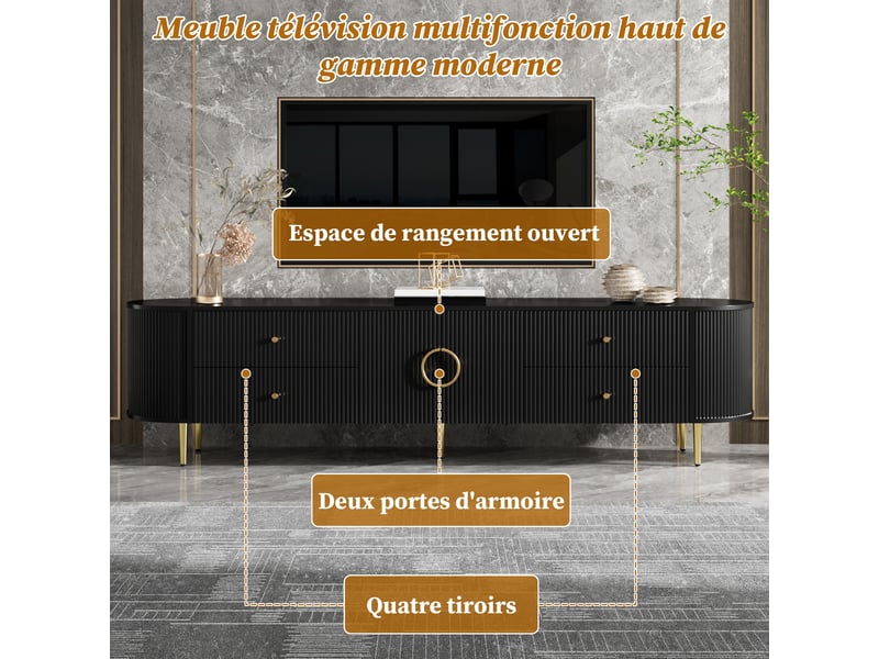 Meuble tv 180 cm, banc tv salon, bords arrondis, rangements intérieurs - noir BrimViber - Conforama E