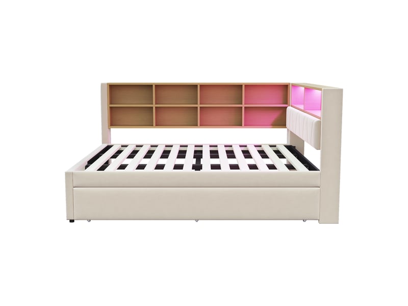  Lit gigogne 140x200+90x190cm, lit de repos avec led, espace de rangement, tête de lit et sommiers, charge, tissu beige, sans matelas  - Conforama E