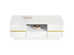 Table basse led 100x50x35,5 cm – blanc et accents dorés – 2 portes, tiroir et rangement ouvert moderne