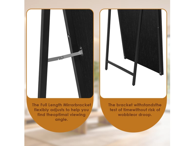  Miroir sur pied 160 x 50 cm – noir – cadre en bois, support métal inclinable et image claire, format pleine hauteur  - Conforama E