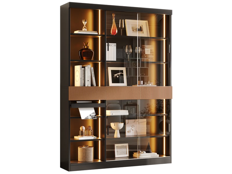  Vitrine haute 120x28,5x180 cm noire avec portes coulissantes en verre trempé, led, 3 tiroirs, étagères ouvertes, meuble rangement salon bureau  - Conforama A