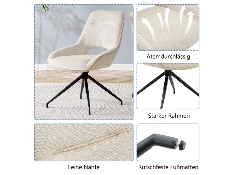 Lot de 2 chaises de salle à manger pivotantes 360°,tissu et métal noir,beige - Conforama E