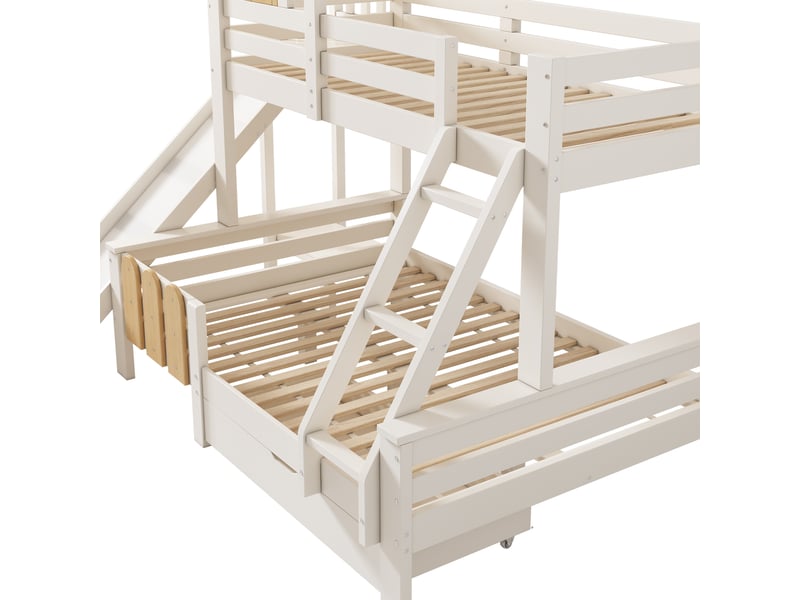 Lit superposé cabane 90140x200 cm avec toboggan et tiroir, blanc et bois IKSETERA TRADING LTD - Conforama R