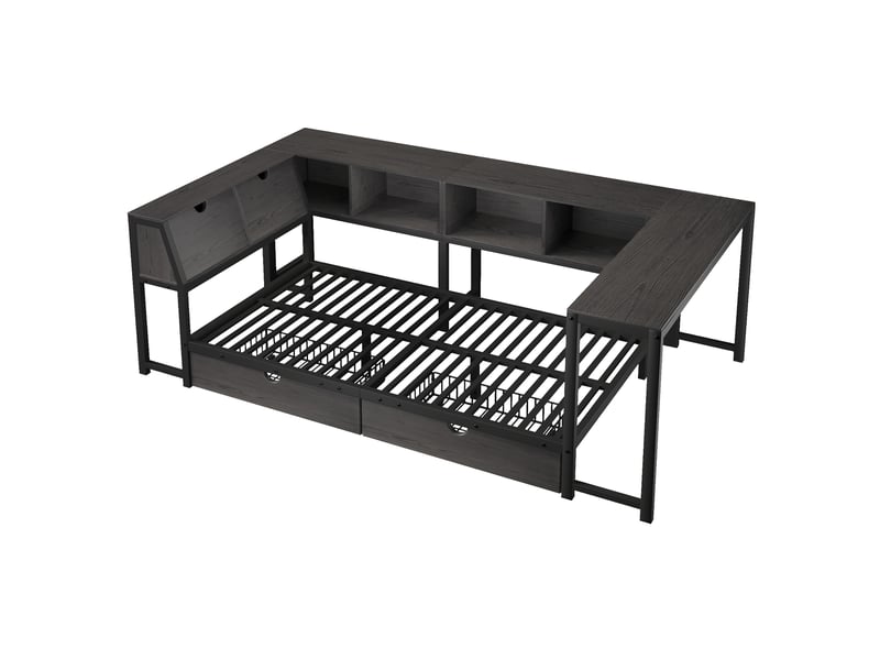  Lit banquette 90 x 200 cm en métal avec bureau, rangements et led - noir C-CRAFTLINK - Conforama E