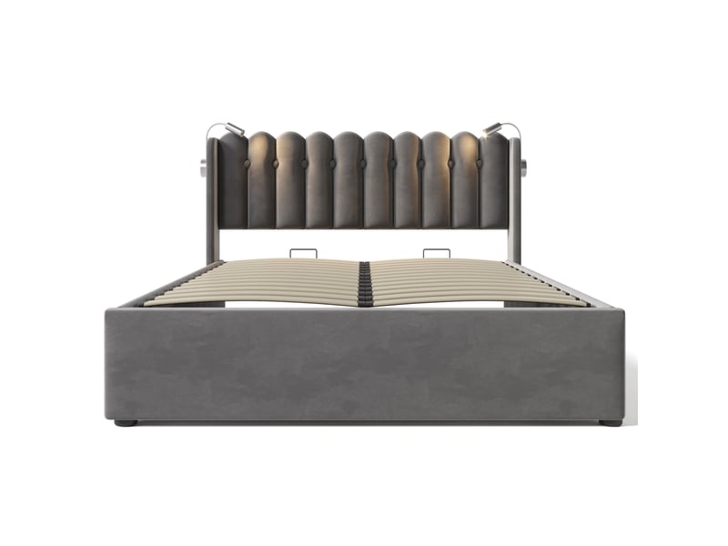  Lit coffre 160x200 en velours gris avec led, usb et tête de lit de rangement, style moderne  - Conforama D