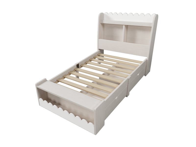  Lit enfant 90x200 cm, lit avec tiroirs, étagères et banc de rangement, bois et chêne, somier inclus, sans matelas, blanc  - Conforama R