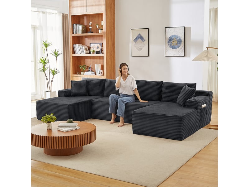  Canapé d'angle 4 places en u canapé modulable canapé compressé en velours côtelé avec porte-gobelets poches latérales, gris  - Conforama D