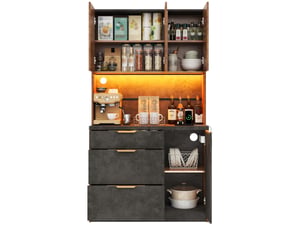 Buffet de cuisine 100x40x180 cm avec 3 tiroirs et 4 portes, éclairage led et prises en mdf couleur naturel et gris
