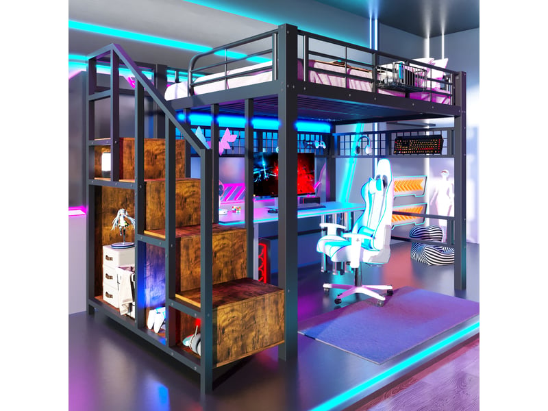  Lit mezzanine 140x200 cm avec tiroirs et rangements intégrés, lit surélevé en métal avec led et échelle ou escalier, noir OPULERANE TRADING LTD - Conforama B
