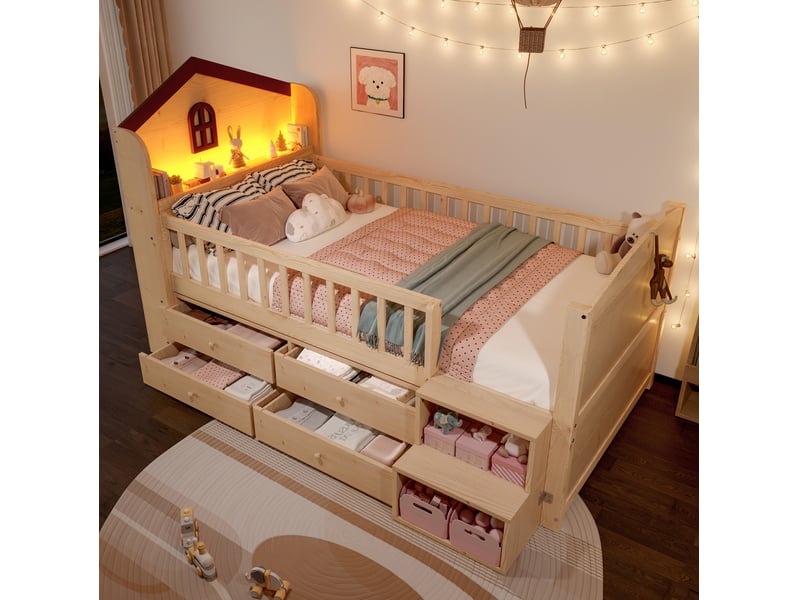  Lit cabane mi-hauteur modenvie 90 x 200 cm avec 4 tiroirs, éclairage led, échelle avec rangements et fenêtres, blanc et naturel  - Conforama D