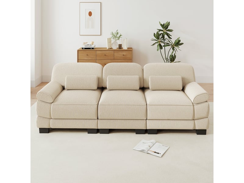 Canapé modulable 3 places en velours côtelé beige, assise profonde, coussin lombaire inclus, 265×88,5×94 cm - Conforama B