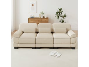 Canapé modulable 3 places en velours côtelé beige, assise profonde, coussin lombaire inclus, 265×88,5×94 cm