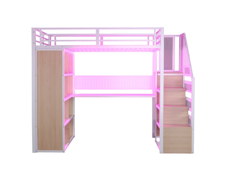 Lit mezzanine enfant 90x200 cm avec led, bureau long, armoire, rangement, escalier, métal+bois, blanc sans matelas  - Conforama E
