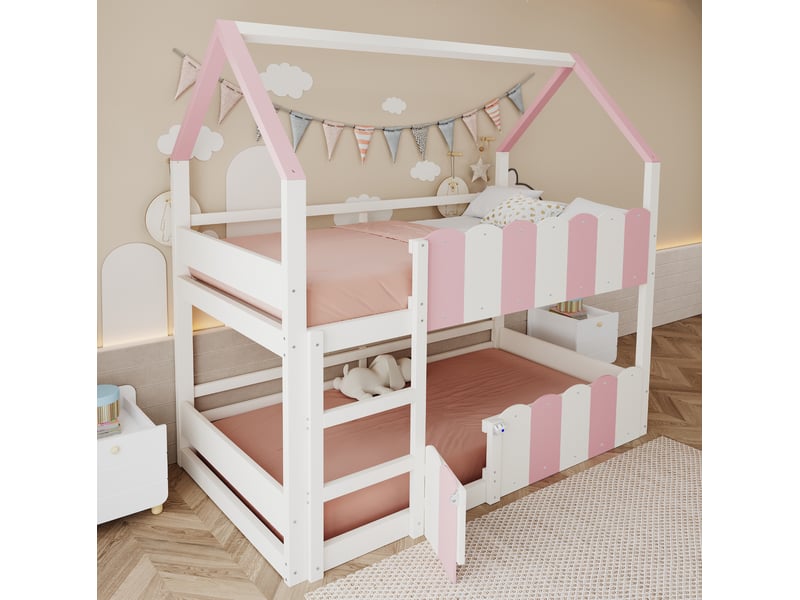  Lit superposé enfant 90x200 cm, forme de maison, barrières surélevées, un seul sommier, bois, blanc rose, sans matelas  - Conforama D