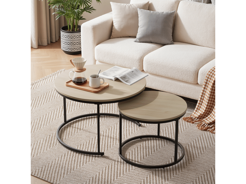 Table basse gigogne ronde 2 pièces gain de place - lpospi - plateaux effet chêne, piètement métal, style moderne - chêne - Conforama B