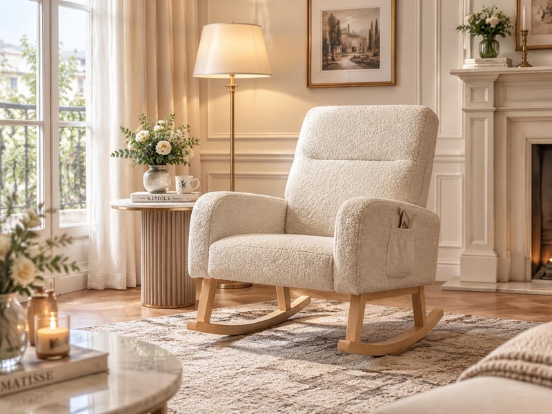  Fauteuil à bascule rembourré – fauteuil à bascule moderne – larges accoudoirs avec poches – assise spacieuse – peluche ours en peluche gris clair  - Conforama B