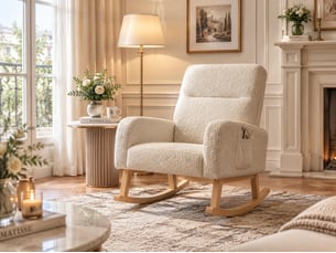 Fauteuil à bascule rembourré – fauteuil à bascule moderne – larges accoudoirs avec poches – assise spacieuse – peluche ours en peluche gris clair