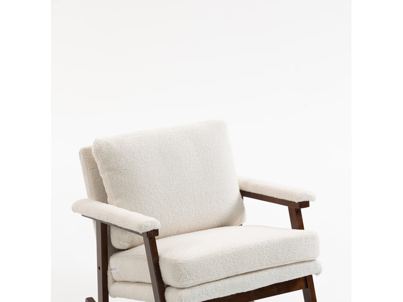  Fauteuil à bascule style mid-century en velours blanc avec structure en bois  - Conforama A