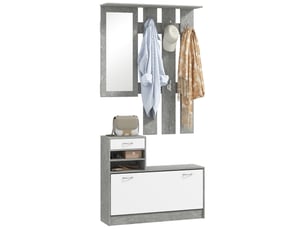 Ensemble de meubles d'entrée avec porte-manteau à 6 crochets, étagère à chaussures avec tiroir et miroir, gris