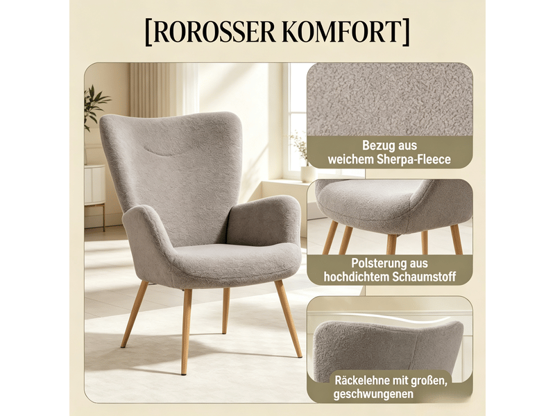 Fauteuil de lecture à dossier haut avec accoudoirs intégrés et soutien ergonomique en tissu éponge gris - Conforama E