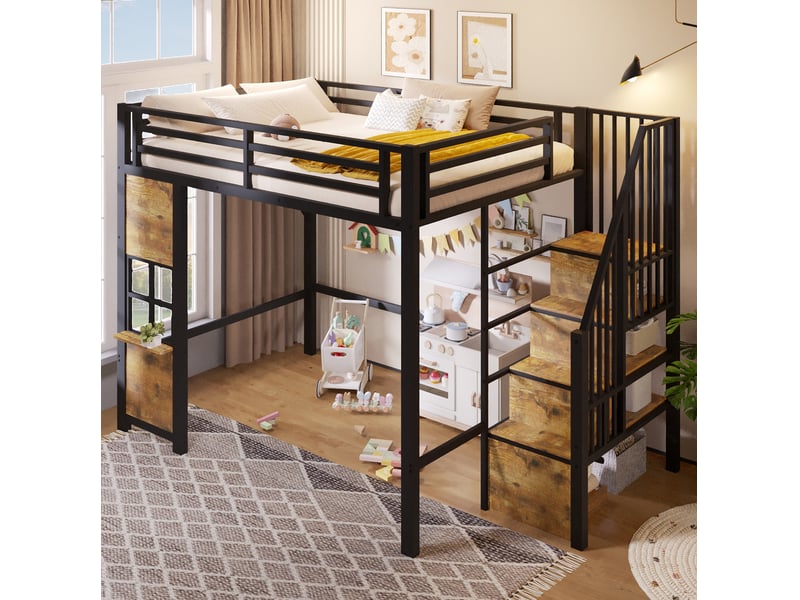  Lit mezzanine enfant 140x200 cm avec escalier de rangement noir  - Conforama E