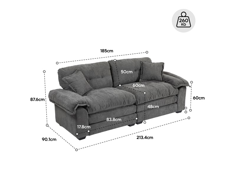  Canapé 214x89x93 cm, assise profonde et double coussin, structure en bois, chenille noire, pour petit espace  - Conforama C
