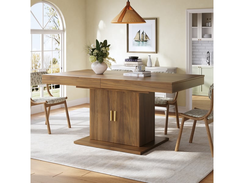  Table à manger extensible 140-180x90x75 cm table à manger 6 à 8 personnes rectangulaire en bois avec rangement, noyer  - Conforama E