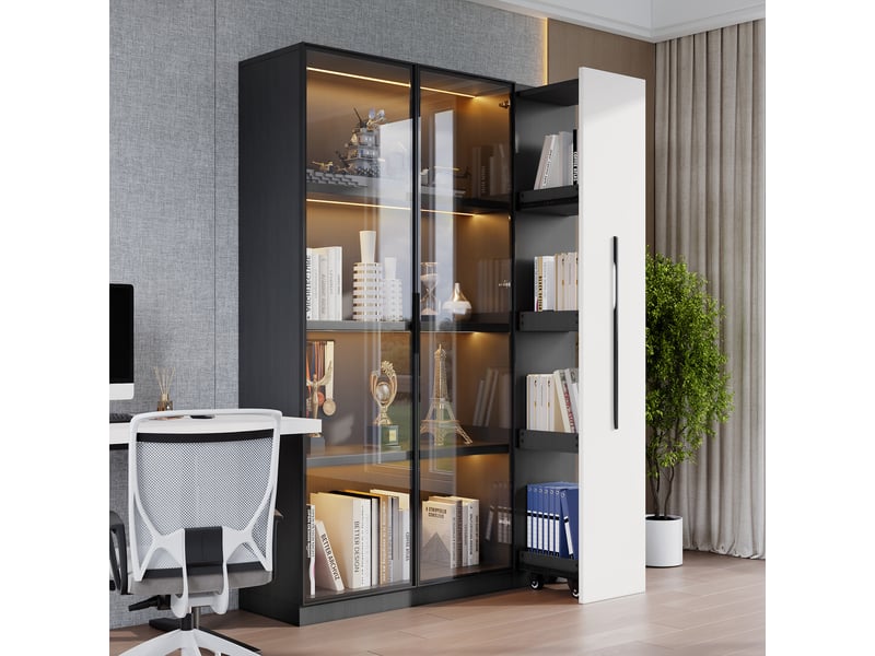 Armoire multifonction noir et blanc, vitrine en verre avec éclairage led, bibliothèque moderne pour salon, 110,5x35x160 cm.  - Conforama E