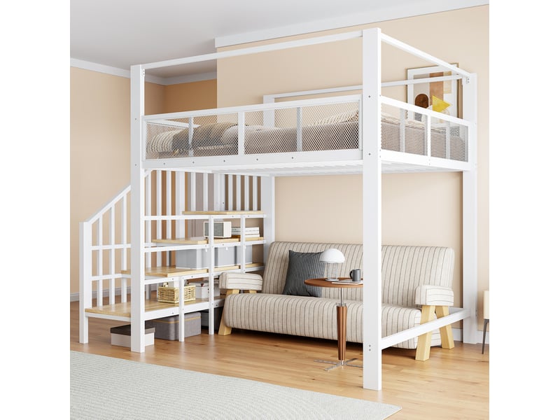  Lit mezzanine 140 × 200 cm 2 places avec escalier de rangement et baldaquin, sans matelas, en métal blanc  - Conforama C