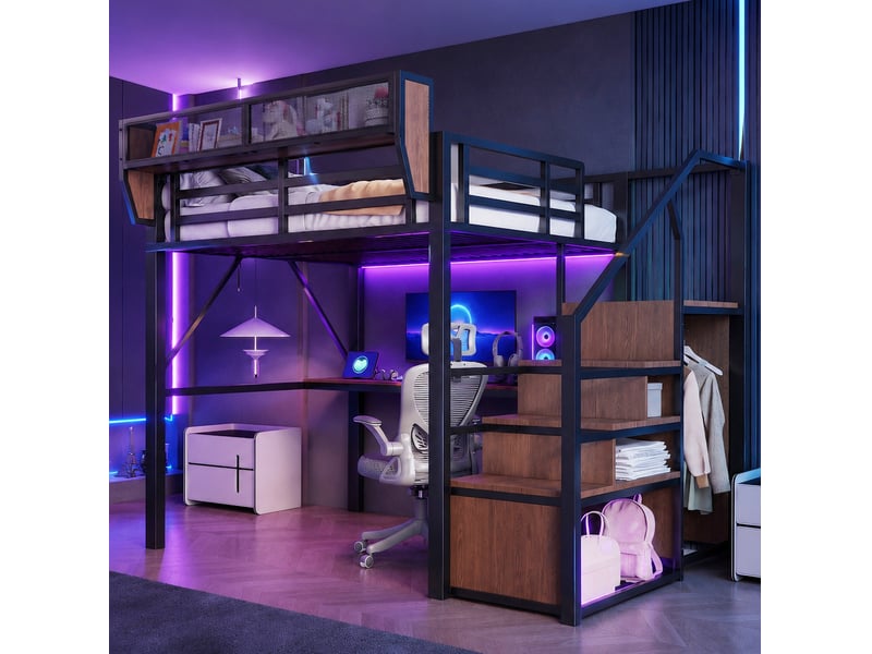  Lit mezzanine 140 × 200 cm avec bureau long, étagères modulables, led et échelle de sécurité, noir 255 × 145 × 191 cm  - Conforama D