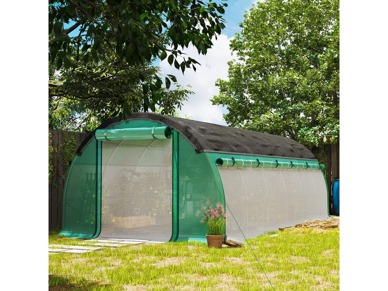  Serre tunnel de 6 x 3 x 2 m avec filet de protection solaire, parois latérales enroulables, bâche en plastique, structure en acier, verte  - Conforama C