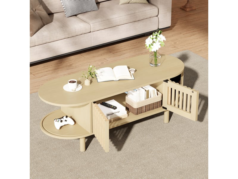  Table basse ovale avec 2 portes à lamelles et porte coulissante, rangement fermé, mdf, pour salon, 100 × 40 × 38 cm  - Conforama B