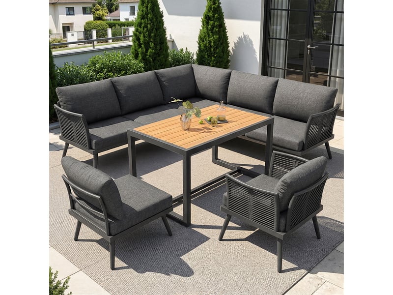 Salon de jardin d’angle,7 places avec table basse et coussins,fer,gris - Conforama B