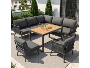 Salon de jardin d’angle,7 places avec table basse et coussins,fer,gris