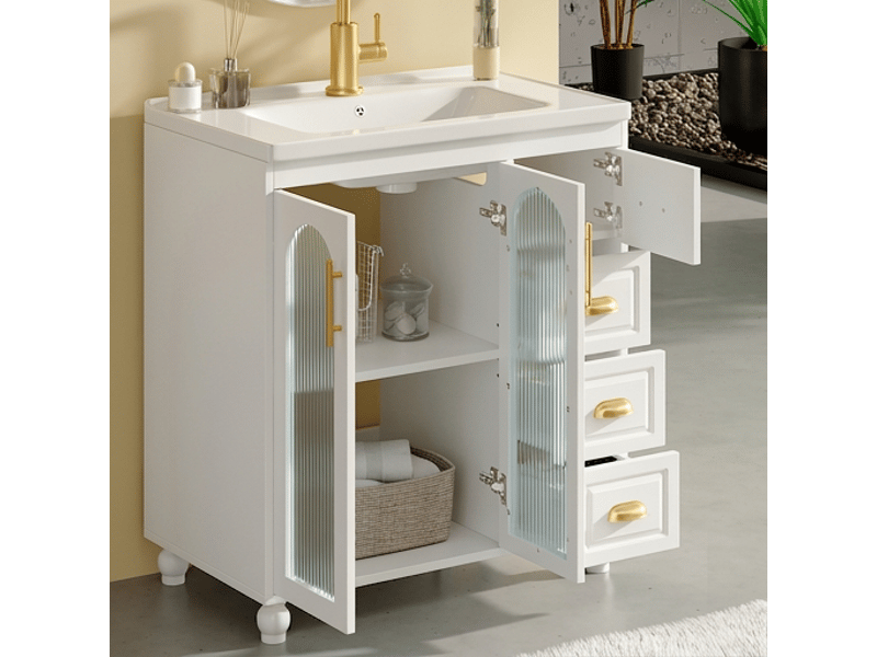  Meuble salle de bain 80 cm avec lavabo en céramique et meuble sous vasque blanc  - Conforama D