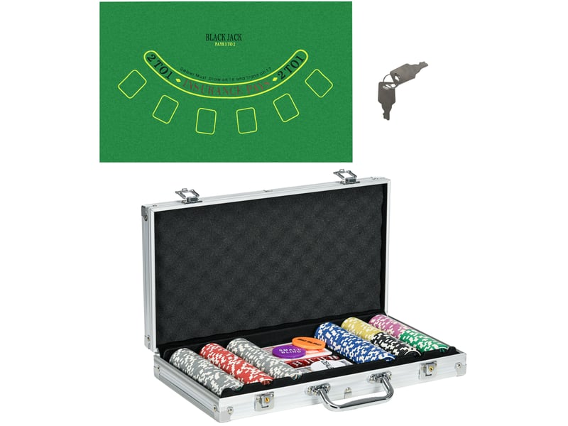  Coffret de poker 300 jetons 38,5 x 23 x 6,5 cm argent, mallette en aluminium avec 2 jeux de cartes inclus  - Conforama A