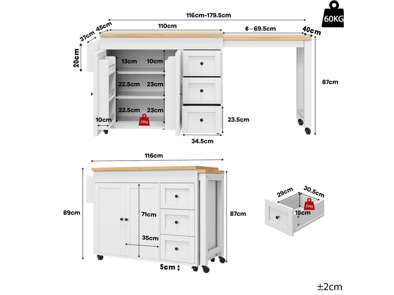  Îlot de cuisine mobile extensible avec 3 tiroirs et roulettes, blanc  - Conforama E