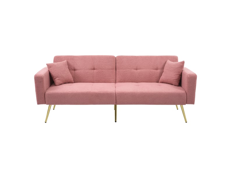 Canapé convertible rose en tissu bouclette, canapé inclinable sherpa 2 places avec pieds dorés et poches latérales, 175x64x72cm. - Conforama A