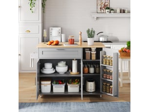 Îlot de cuisine 132,5x44-70,5x90 cm, desserte extensible avec tiroir, étagère à épices et porte-serviettes, mdf, gris